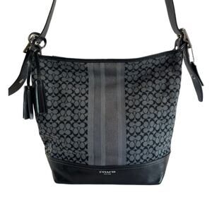 Coach Legacy Stripe Duffle Shoulder Bag Black Gray Signature Canvas Leather Trim